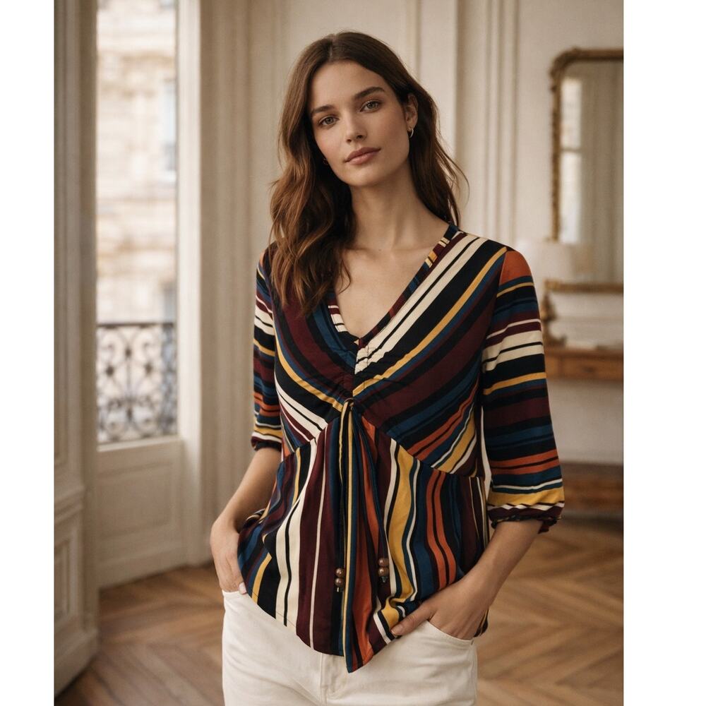 Goddess Multicolor Stripe Boho Tie Front Top Small NWT